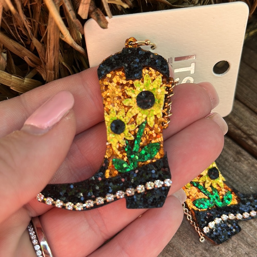 Glitter Sunflower Black Boot Earrings - Picture 10 of 11